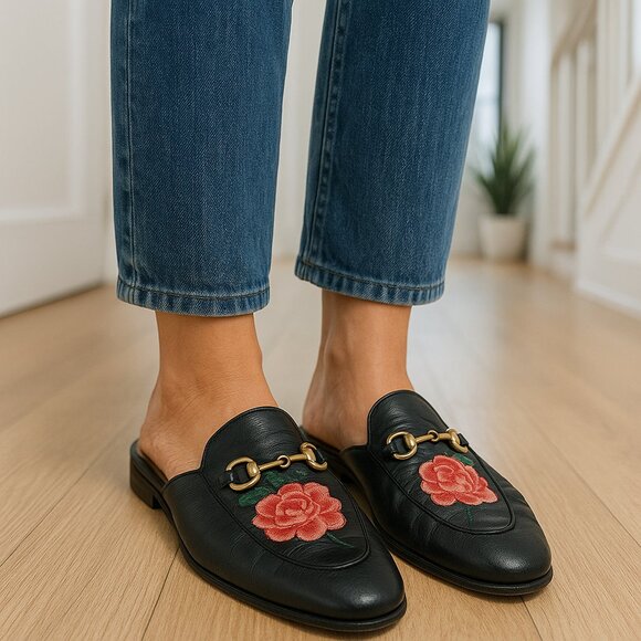 GUCCI Rose Embroidered Princetown Horsebit Designer Buckle Leather Mules 36.5 - Picture 1 of 16
